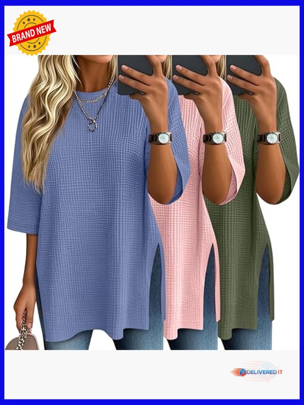 3 Pack 3/4 Sleeve Waffle Knit Tops Oversized Crewneck Tees Casual Side Split